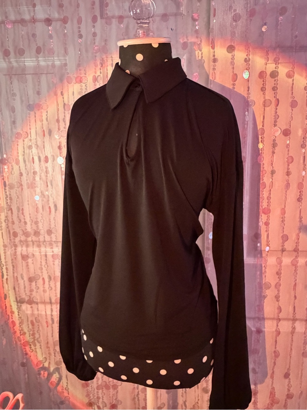 Black Long-Sleeve Collared Women's Top with Keyhole Detail Size S
